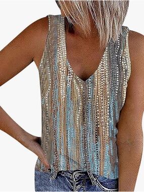 Sleeveless V-Neck Women's Tank Top Cami in Teal, Brown & Gray - Size 2XL